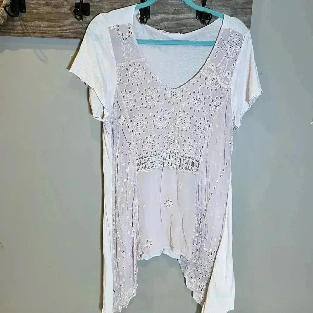 Johnny Was 4 Love And Liberty Asymetrical Boho Blouse Size XL Lace Pale Pink